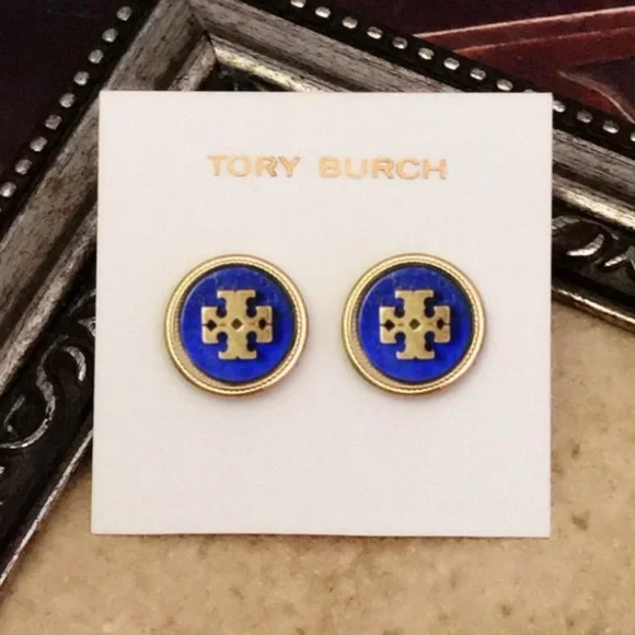 TORY BURCH • Blue Lapis Semiprecious Stone Necklace Earrings Matching Logo Set